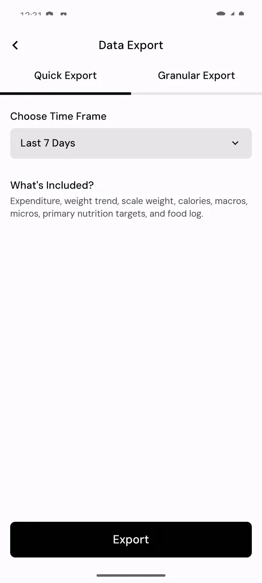 MacroFactor Metrics & Analytics with Select All and the required metric families selected.